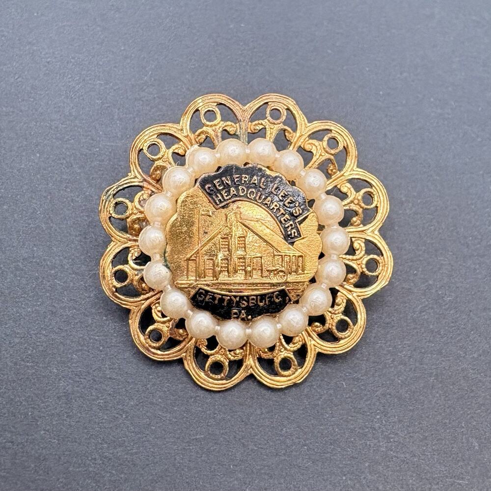 Vintage General Lee Headquarters Gettysburg Filigree Faux Pearl Brooch Pin 1.25"
